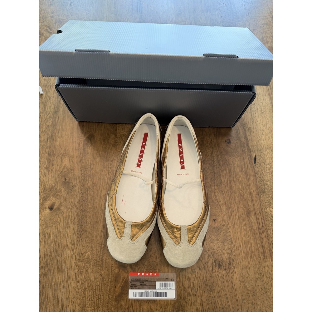 Prada Bronze Metallic Leather Suede Driving Ballet Flats 38.5 US 8.5 From 90s